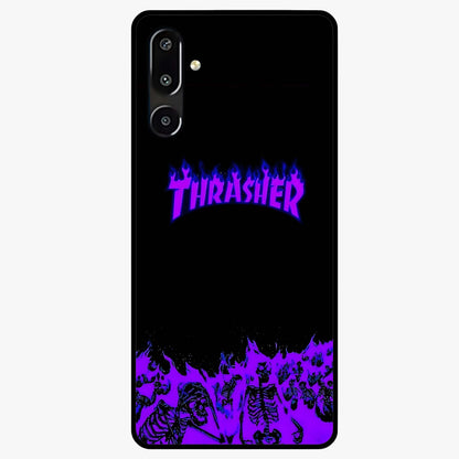Neon Flame Riot Glass Case showing flat back view with neon flame artwork and glossy glass finish.