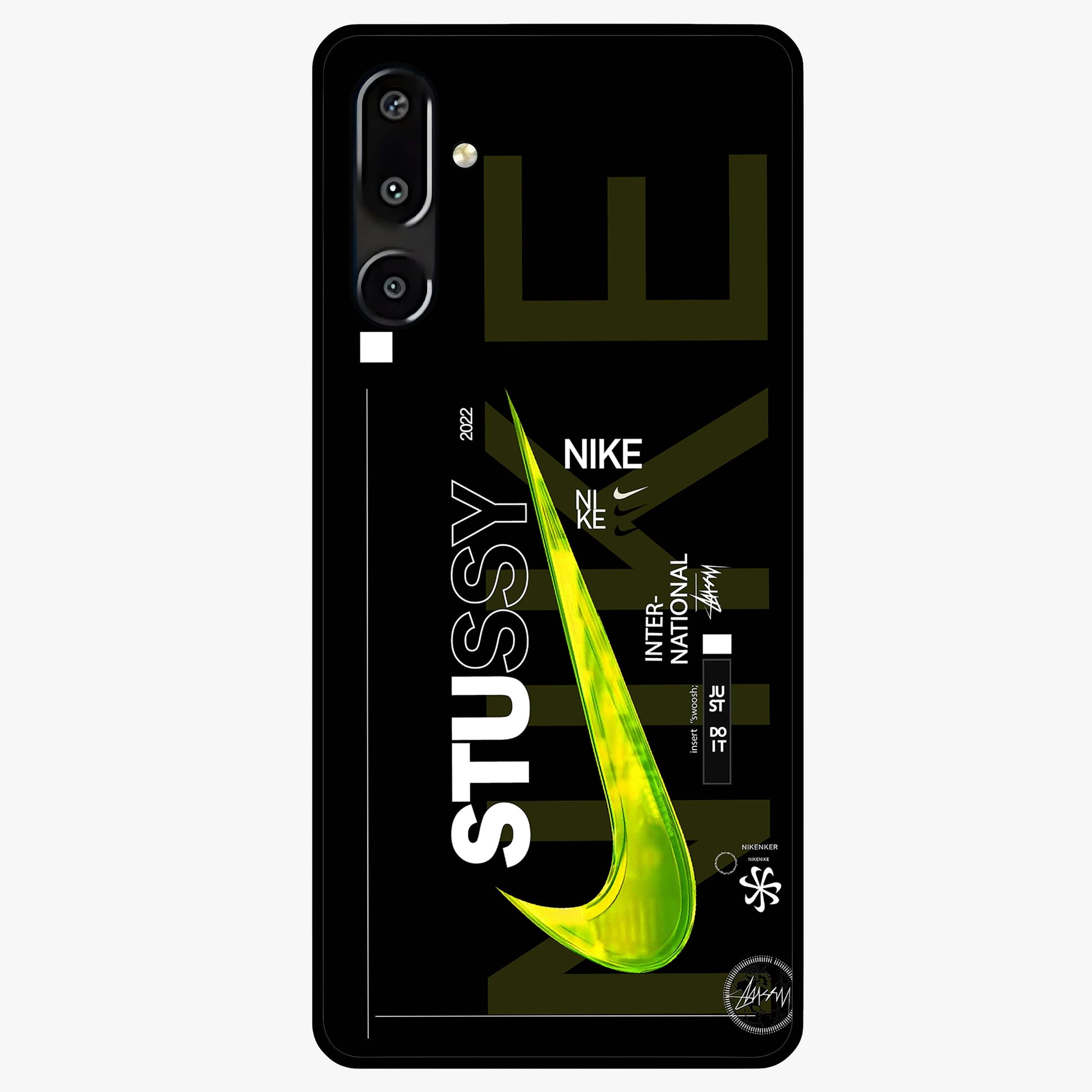 Neon Street Edition Glass Case showing flat back view with neon street style artwork and glossy glass finish.