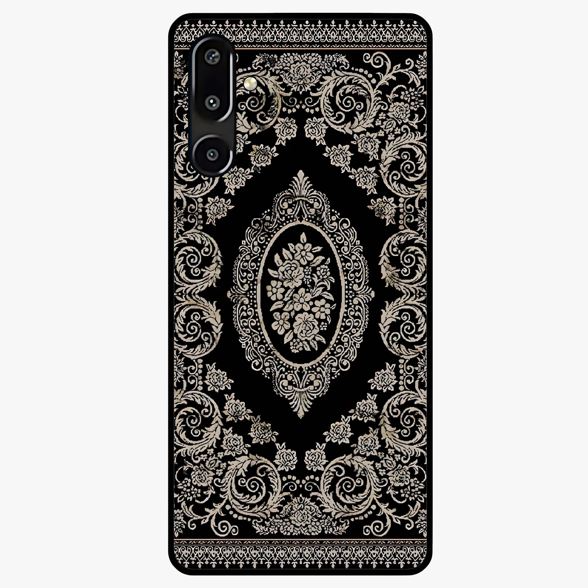 Noir Bloom Elegance Glass Case showing flat back view with elegant dark floral artwork and glossy glass finish.