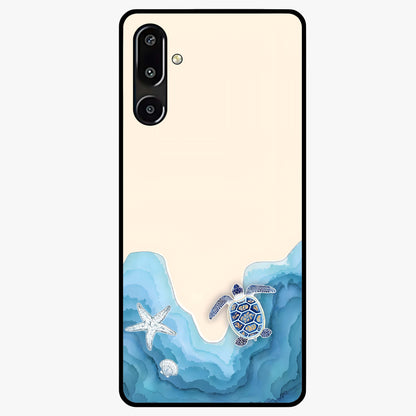 Ocean Drift Turtle Glass Case showing flat back view with sea turtle artwork and glossy glass finish.