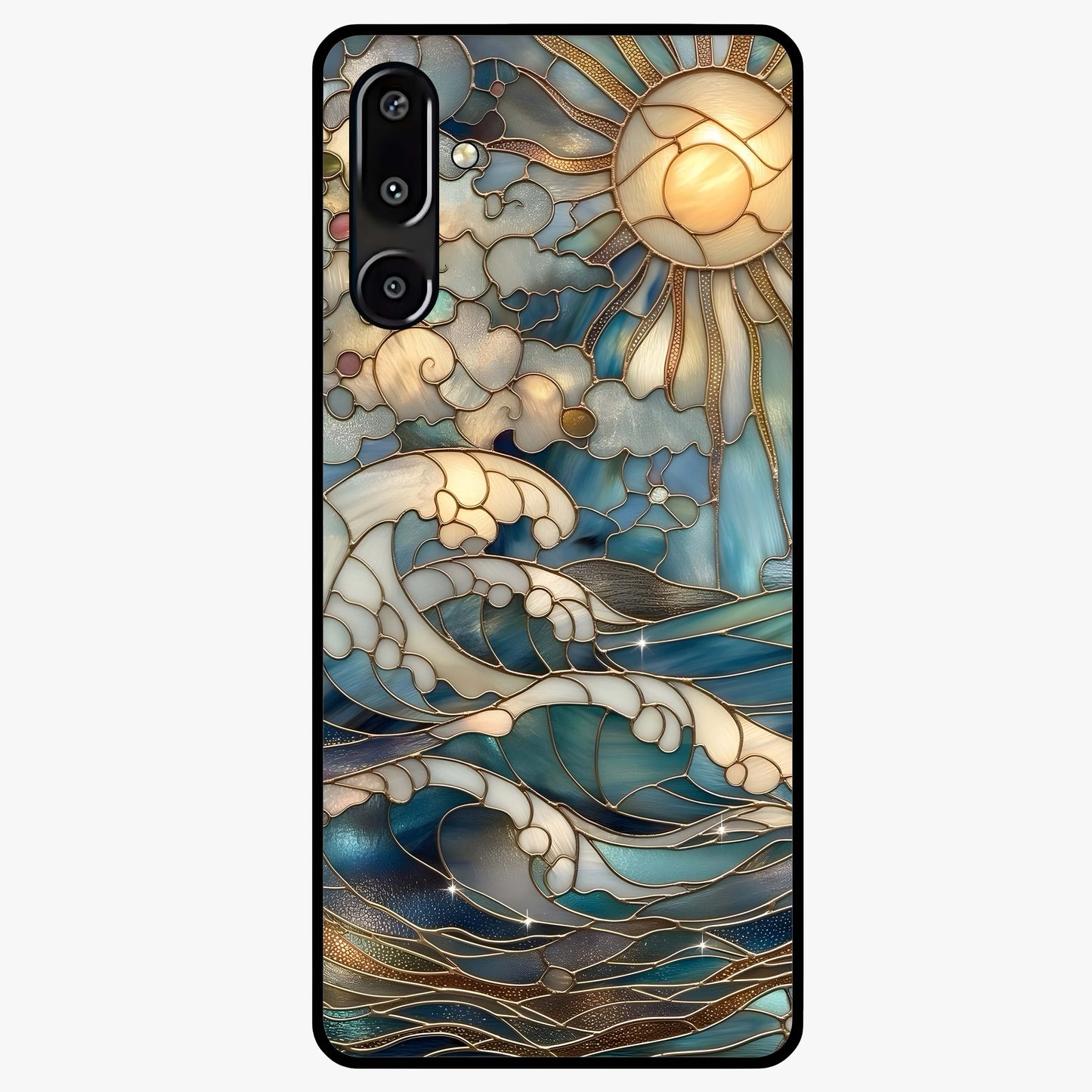 Oceanic Stained Printed Glass Case showing flat back view with ocean inspired stained pattern artwork and glossy glass finish.