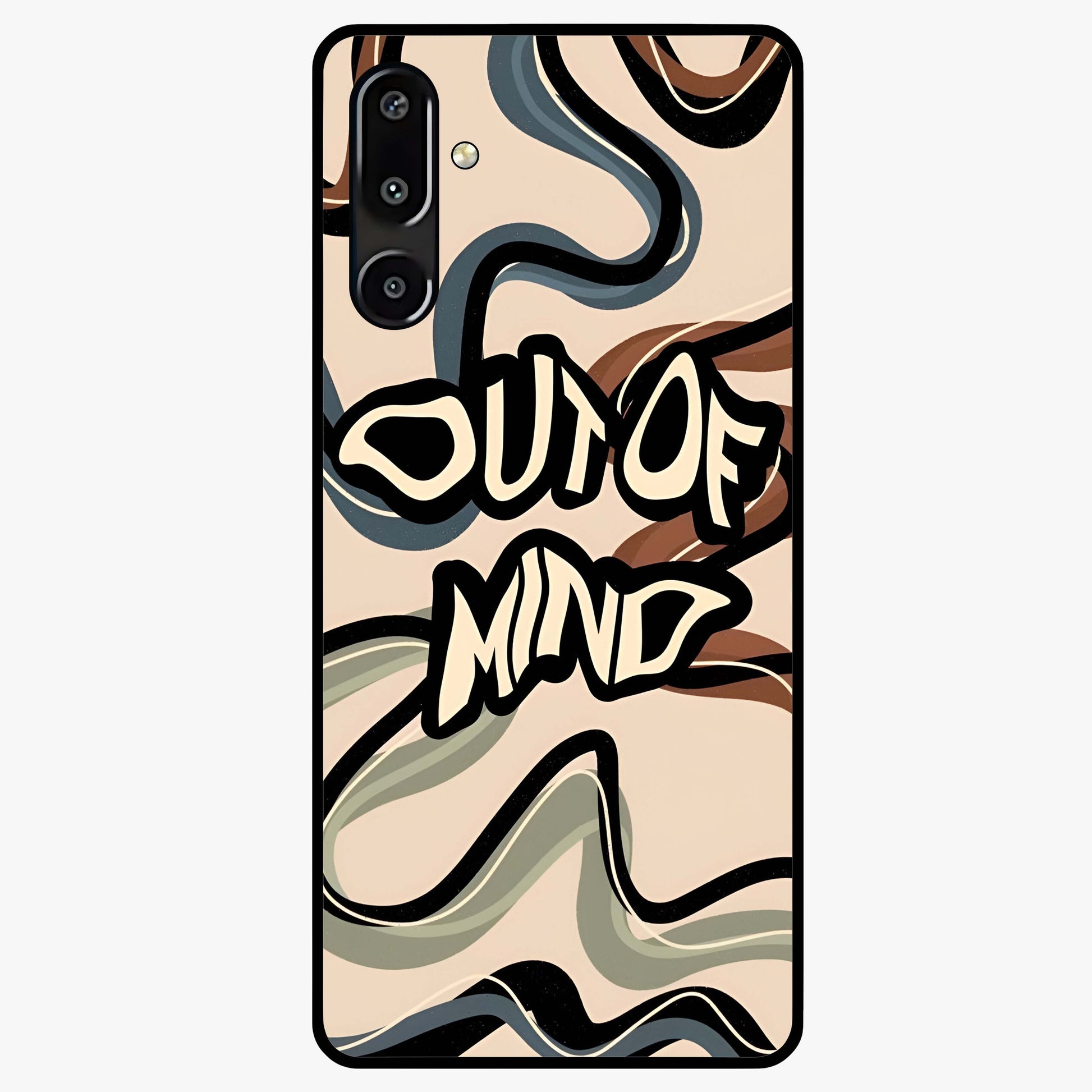 Out Of Mind Glass Case showing flat back view with expressive typography artwork and glossy glass finish.