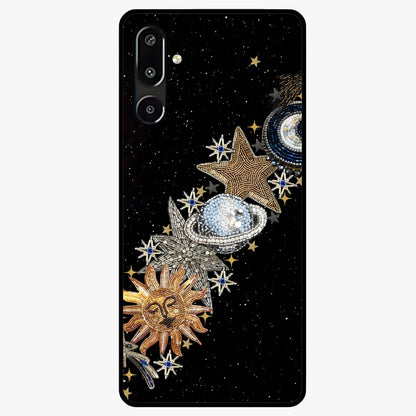 Pearls Universe Object Glass Case showing flat back view with pearl inspired cosmic artwork and glossy glass finish.