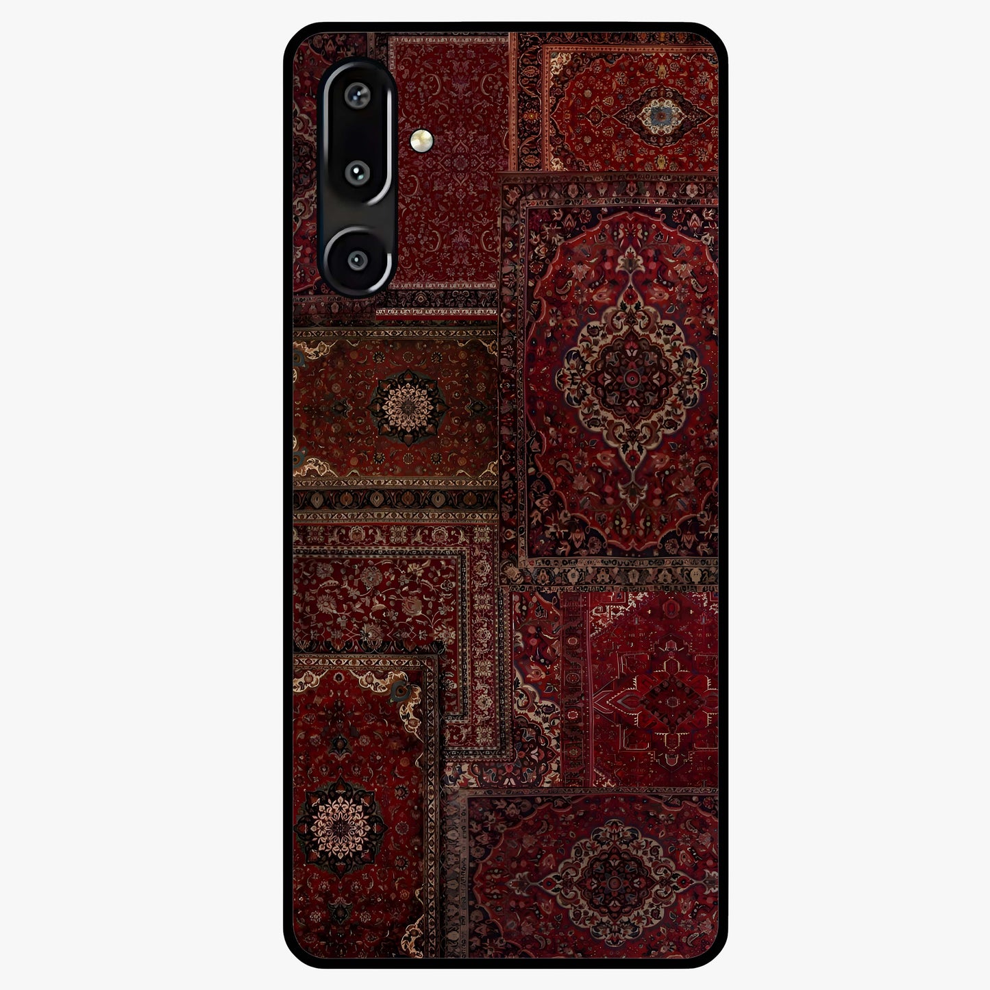 Persian Velvet Tale Glass Case showing flat back view with luxurious Persian velvet pattern artwork and glossy glass finish.