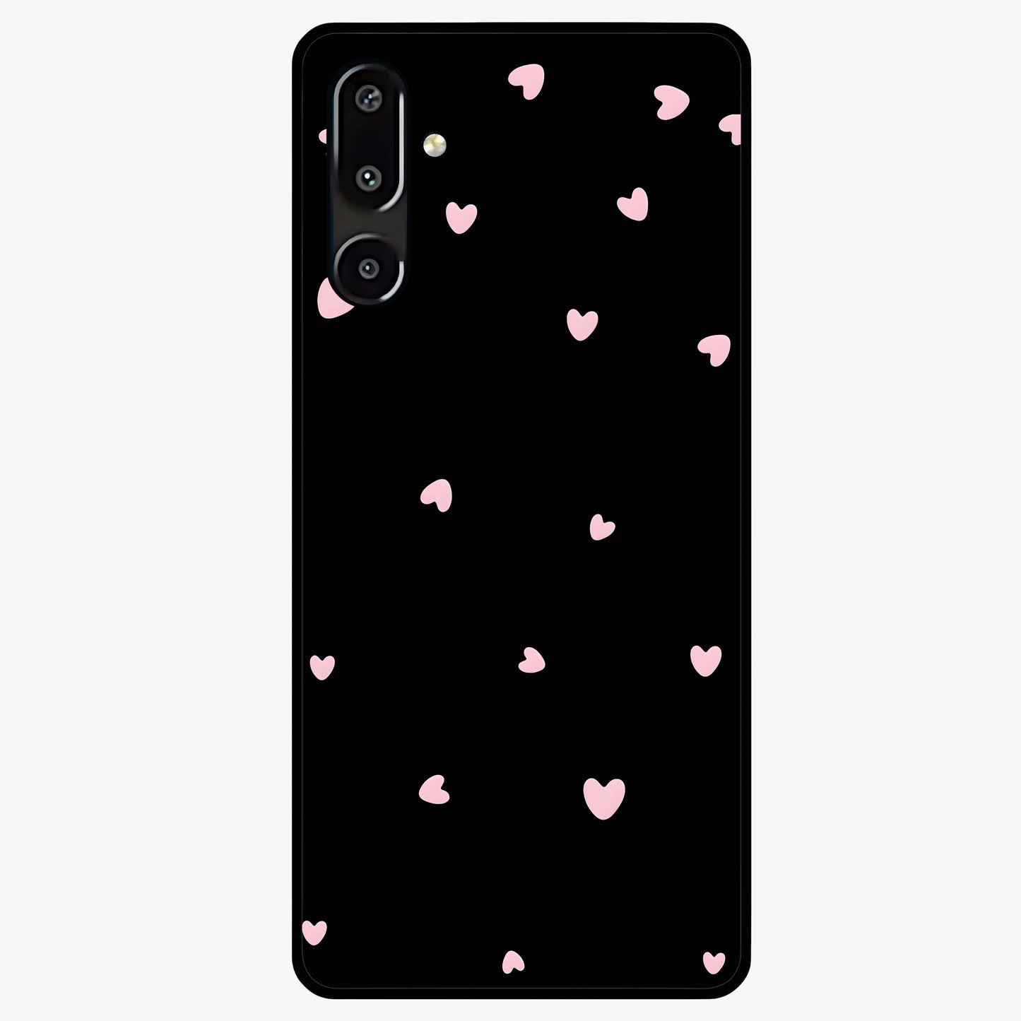 Pink Love Drops Glass Case showing flat back view with playful pink heart drops artwork and glossy glass finish.