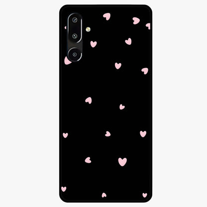 Pink Love Drops Glass Case showing flat back view with playful pink heart drops artwork and glossy glass finish.