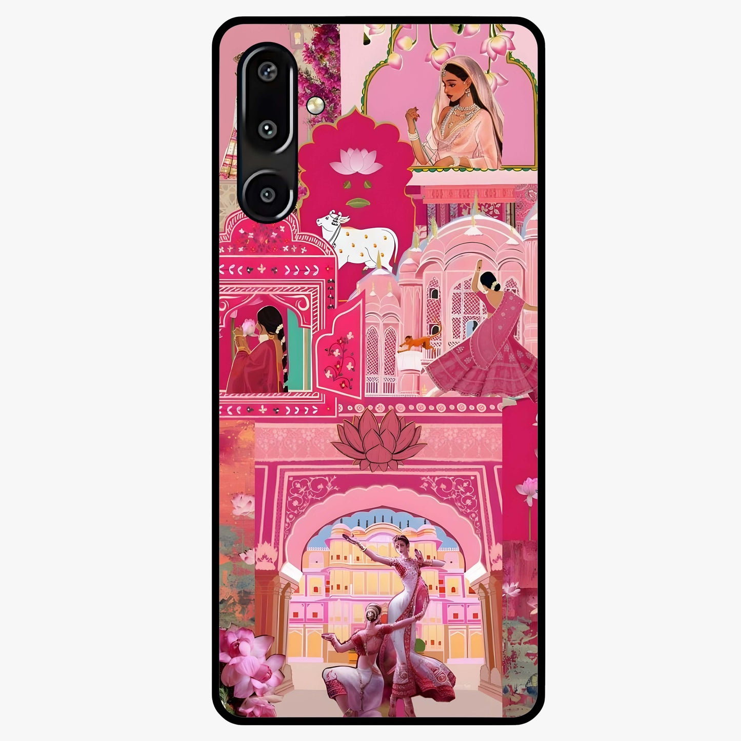 Pink Palace Muse Glass Case showing flat back view with elegant palace inspired artwork and glossy glass finish.