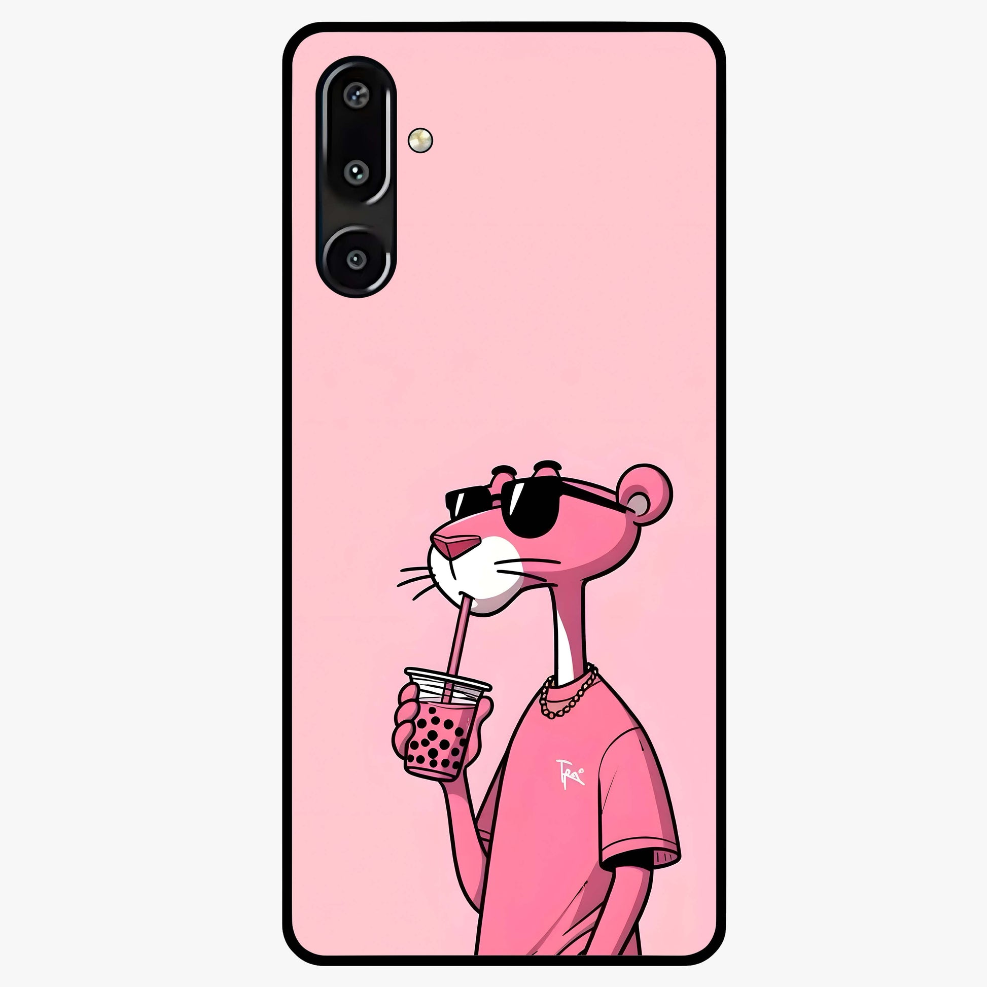 Pink Panther Glass Case showing flat back view with iconic pink panther artwork and glossy glass finish.