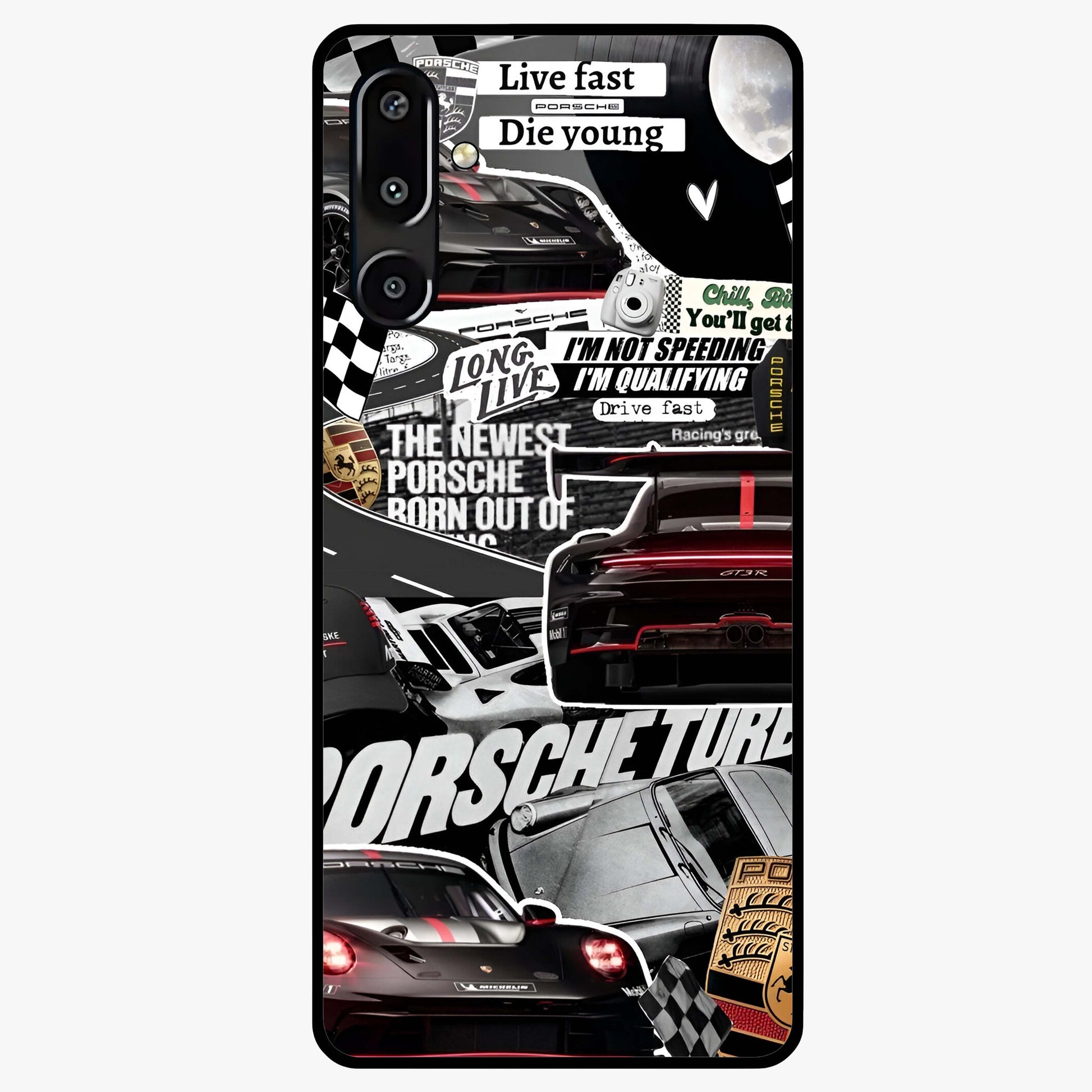 Porsche Racing Collage Glass Case showing flat back view with sports car racing collage artwork and glossy glass finish.