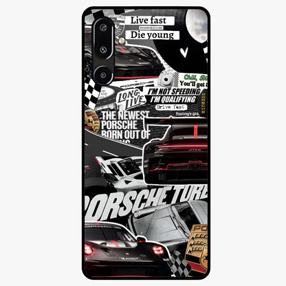 Porsche Racing Collage Glass Case showing flat back view with sports car racing collage artwork and glossy glass finish.