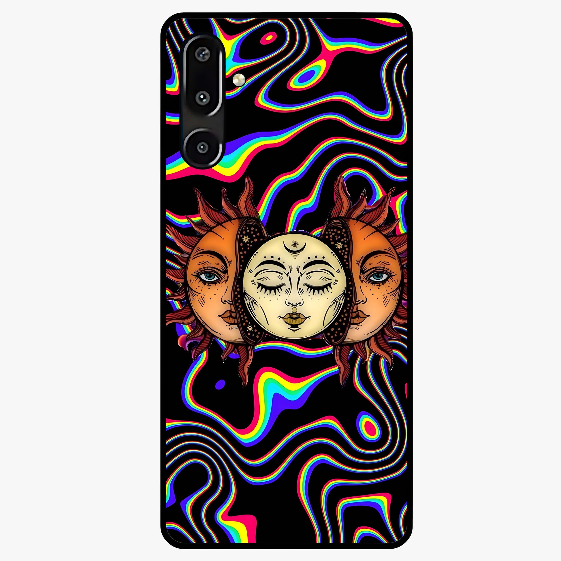 Psychedelic Sun Glass Case showing flat back view with colorful psychedelic sun artwork and glossy glass finish.