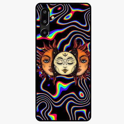 Psychedelic Sun Glass Case showing flat back view with colorful psychedelic sun artwork and glossy glass finish.