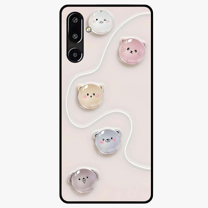 Puffy Face Parade Glass Case showing flat back view with cute puffy character faces artwork and glossy glass finish.