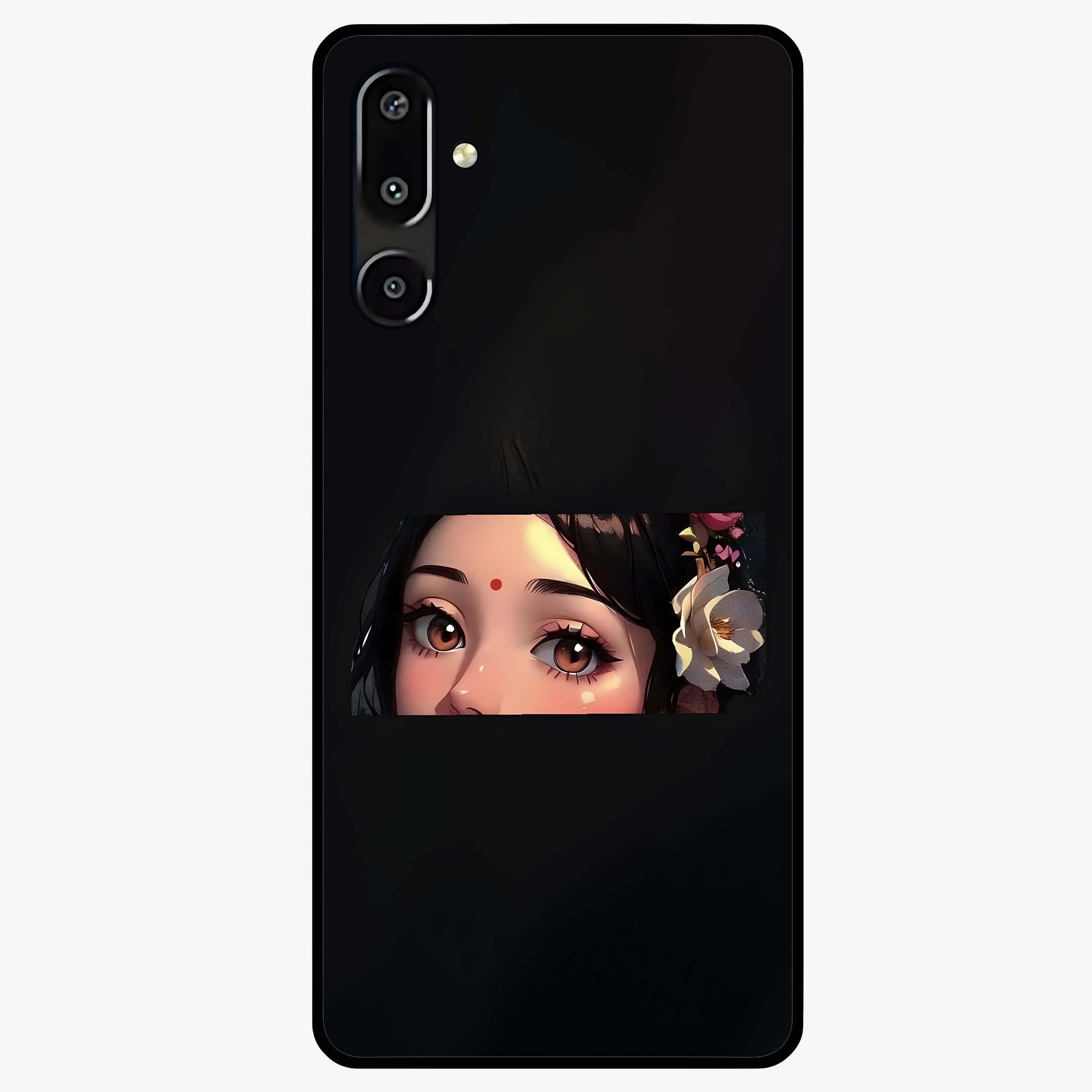 Radha Divine Embrace Glass Case showing flat back view with devotional Radha artwork and glossy glass finish.