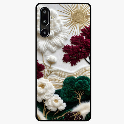 Radiant Bloom Elegance Glass Case showing flat back view with elegant blooming flower artwork and glossy glass finish.