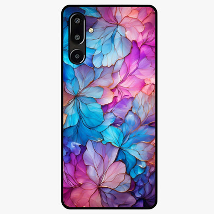 Radiant Floral Whirl Glass Case showing flat back view with swirling floral artwork and glossy glass finish.