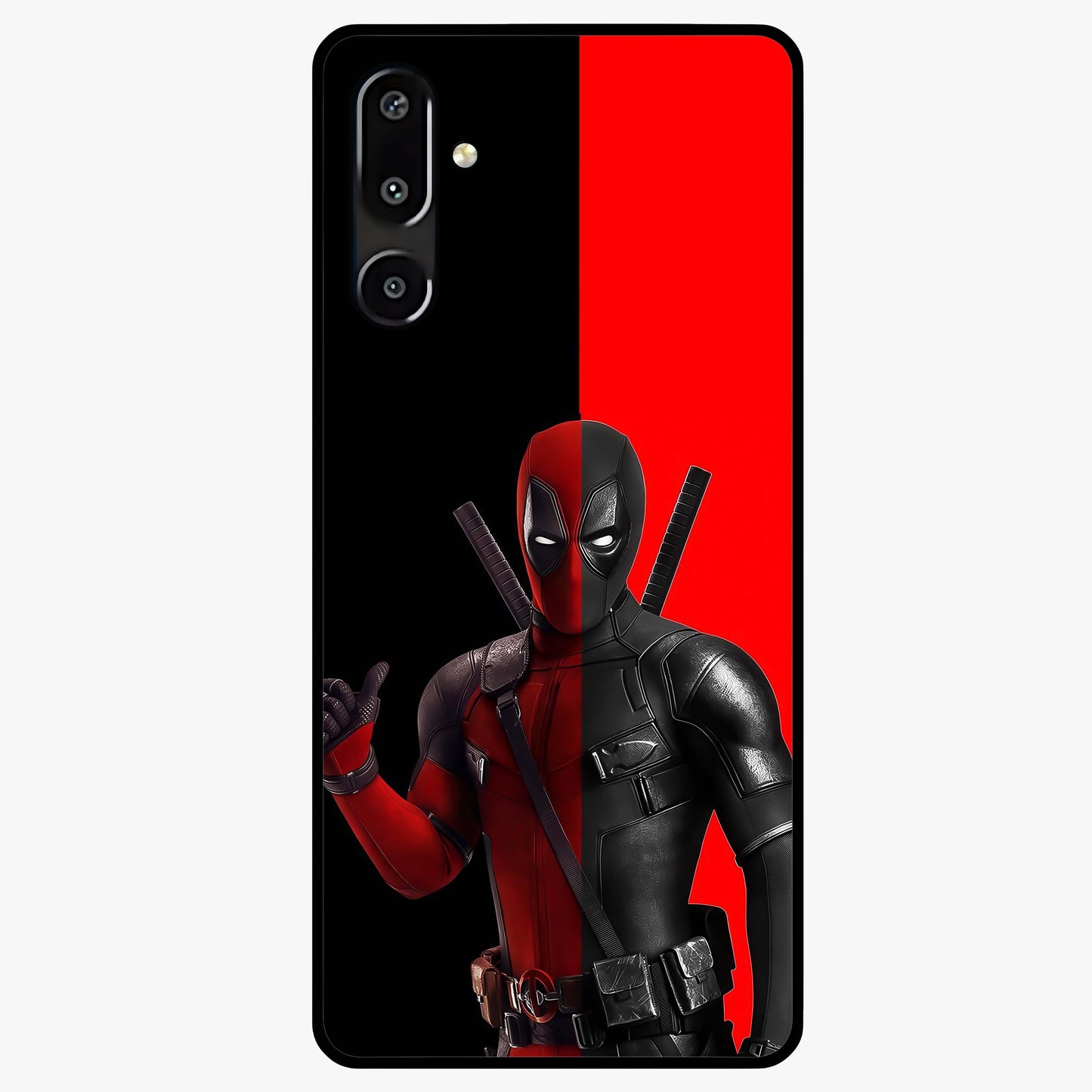Red & Black Deadpool Theme Glass Case showing flat back view with bold comic inspired artwork and glossy glass finish.