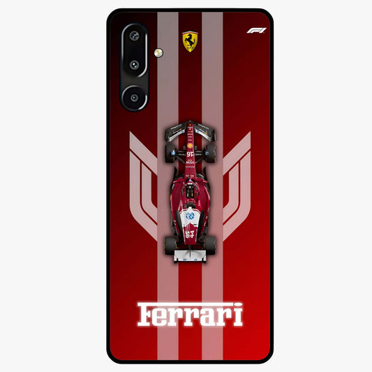Red Ferrari F1 Vertical Glass Case showing flat back view with sleek Formula racing car artwork and glossy glass finish.
