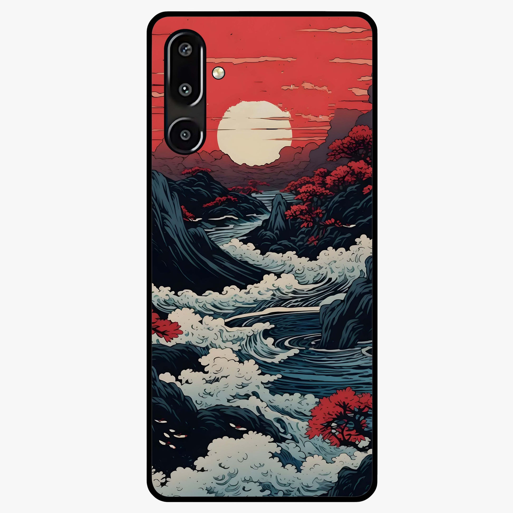Red Sunset Scenery Glass Case showing flat back view with vibrant sunset landscape artwork and glossy glass finish.