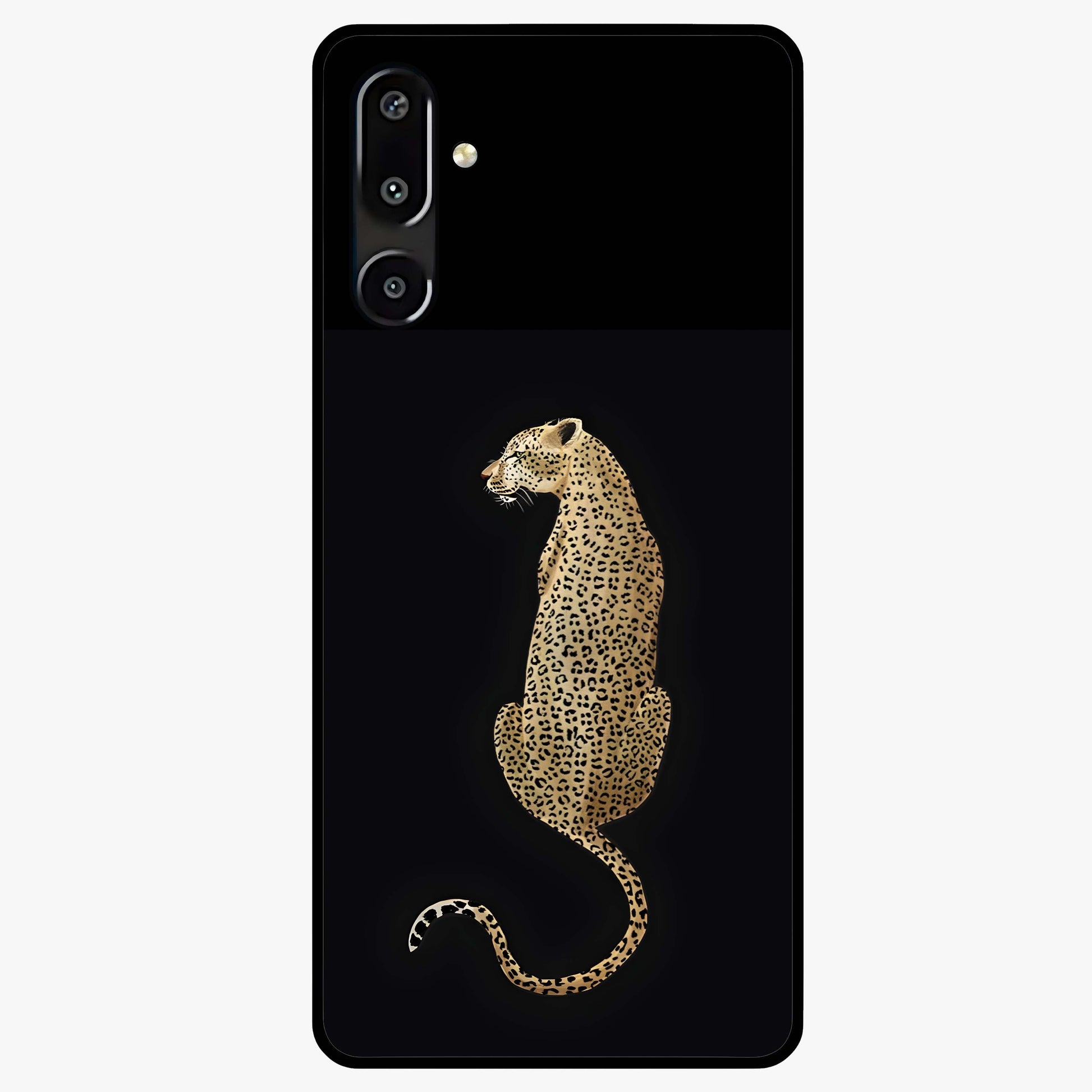Regal Leopard Glass Case showing flat back view with bold leopard artwork and glossy glass finish.