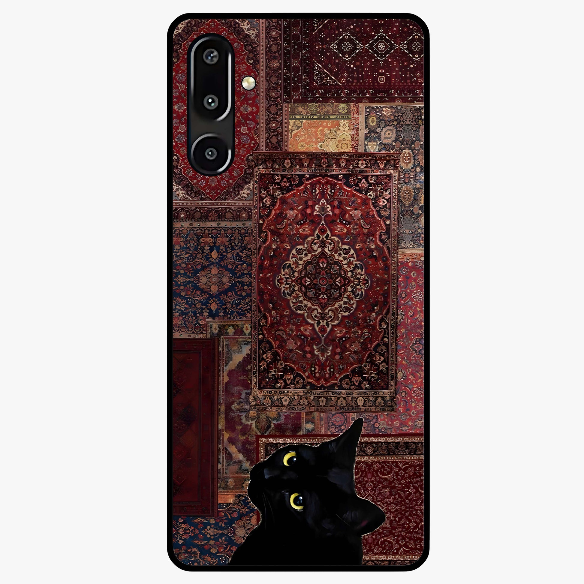 Regal Magic Cat Apple Glass Case showing flat back view with magical cat artwork holding apple and glossy glass finish.