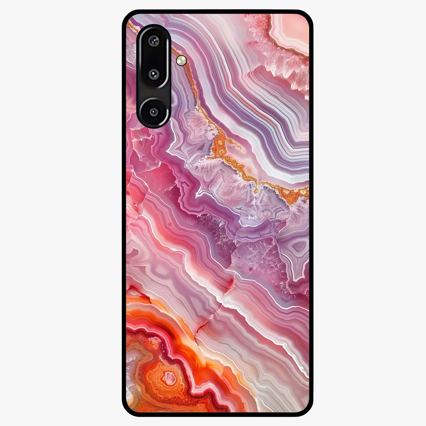 Rose Quartz Marble Glass Case showing flat back view with pink marble quartz texture artwork and glossy glass finish.