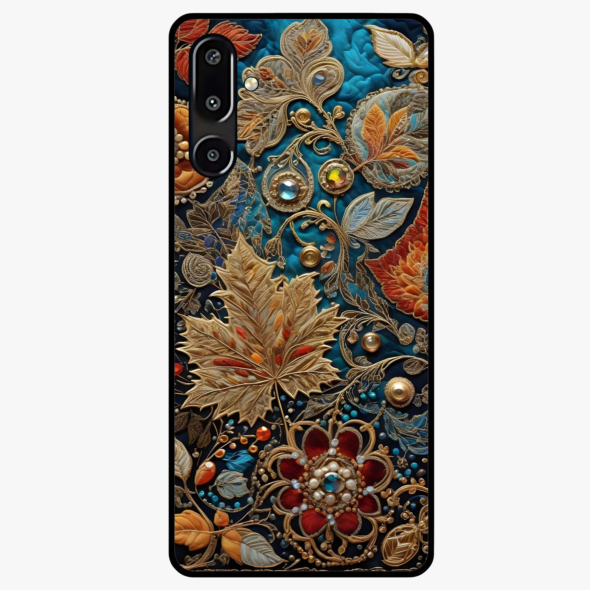 Royal Jewel Garden Glass Case showing flat back view with decorative floral garden artwork and glossy glass finish.