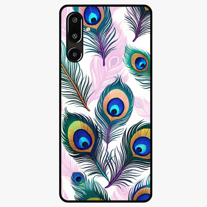 Royal Peacock Feathers Glass Case showing flat back view with colorful peacock feather artwork and glossy glass finish.