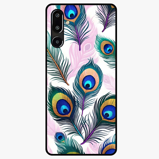 Royal Peacock Feathers Glass Case showing flat back view with colorful peacock feather artwork and glossy glass finish.