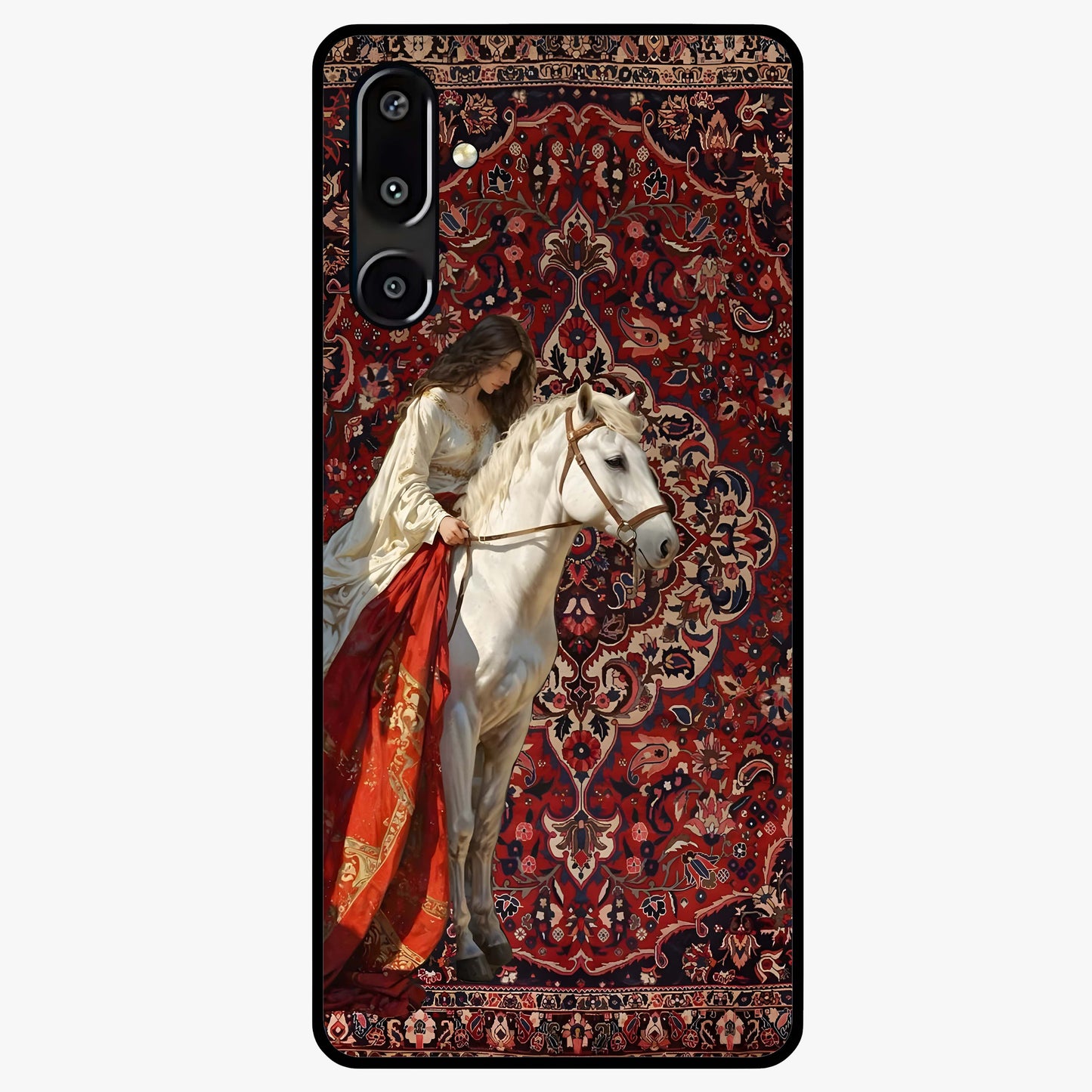 Royal Rider Tapestry Glass Case showing flat back view with majestic horse rider tapestry artwork and glossy glass finish.