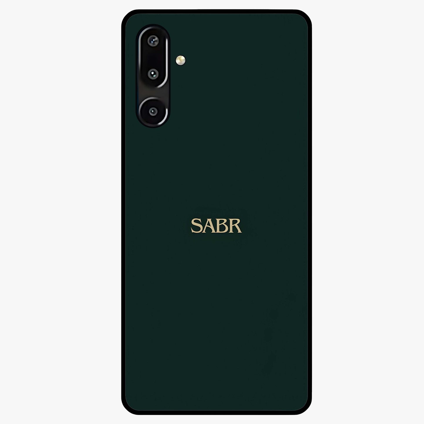Sabr Minimal Patience Glass Case showing flat back view with minimalist typography artwork and glossy glass finish.