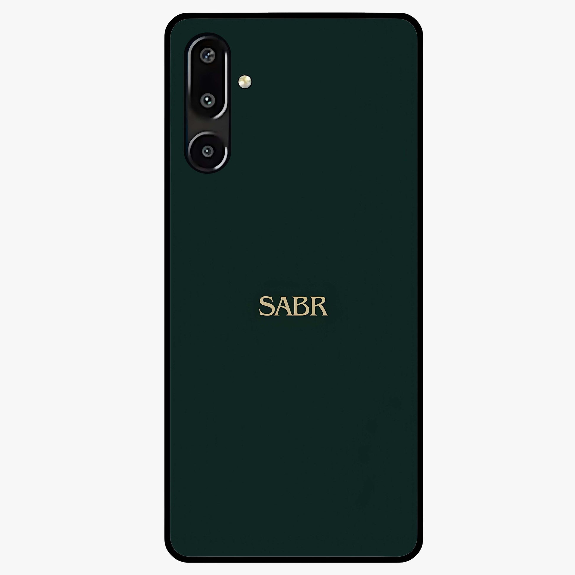 Sabr Minimal Patience Glass Case showing flat back view with minimalist typography artwork and glossy glass finish.