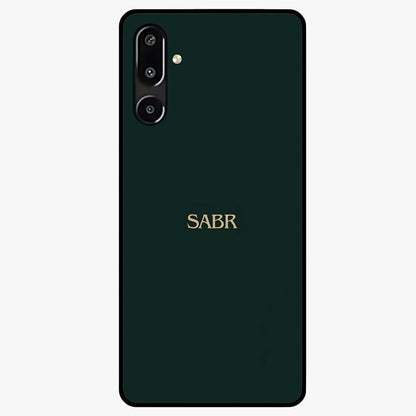 Sabr Minimal Patience Glass Case showing flat back view with minimalist typography artwork and glossy glass finish.