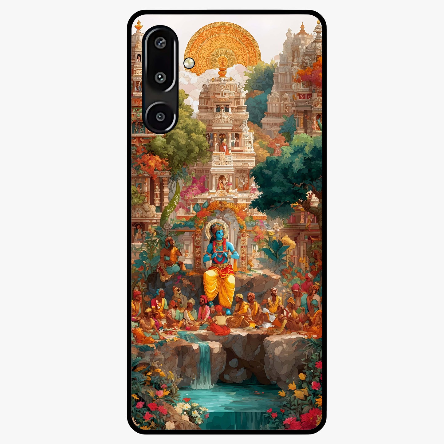 Sacred Sunlight Gods Glass Case showing flat back view with divine sunlight themed artwork and glossy glass finish.