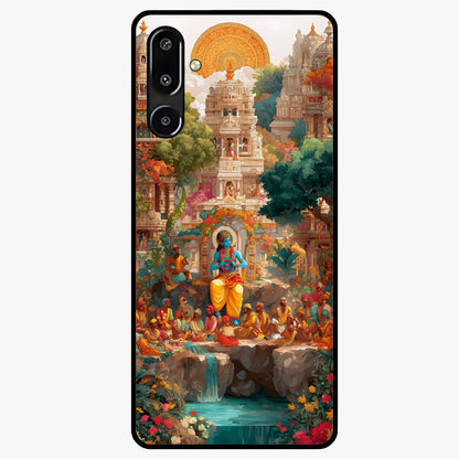 Sacred Sunlight Gods Glass Case showing flat back view with divine sunlight themed artwork and glossy glass finish.