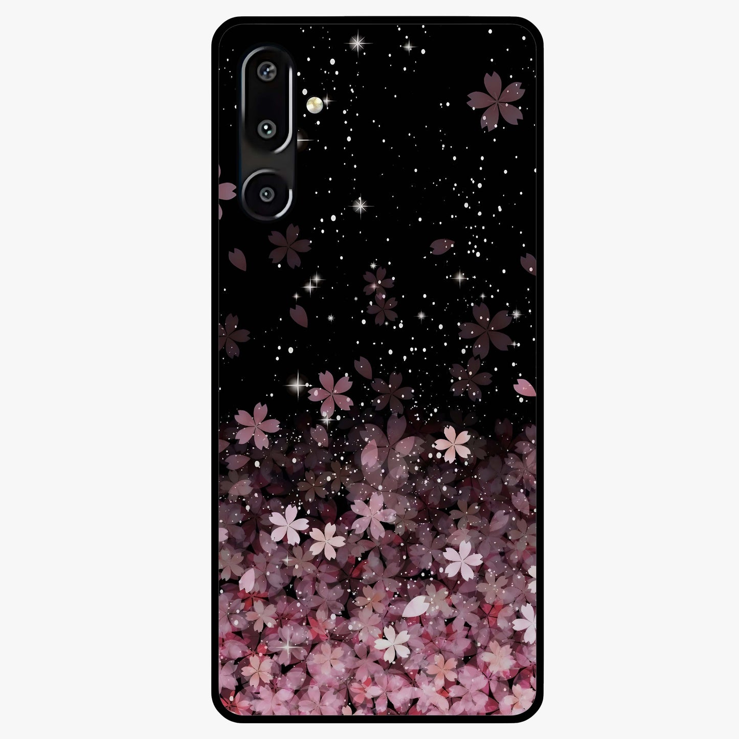 Small Starry Flowers Glass Case showing flat back view with delicate starry floral artwork and glossy glass finish.