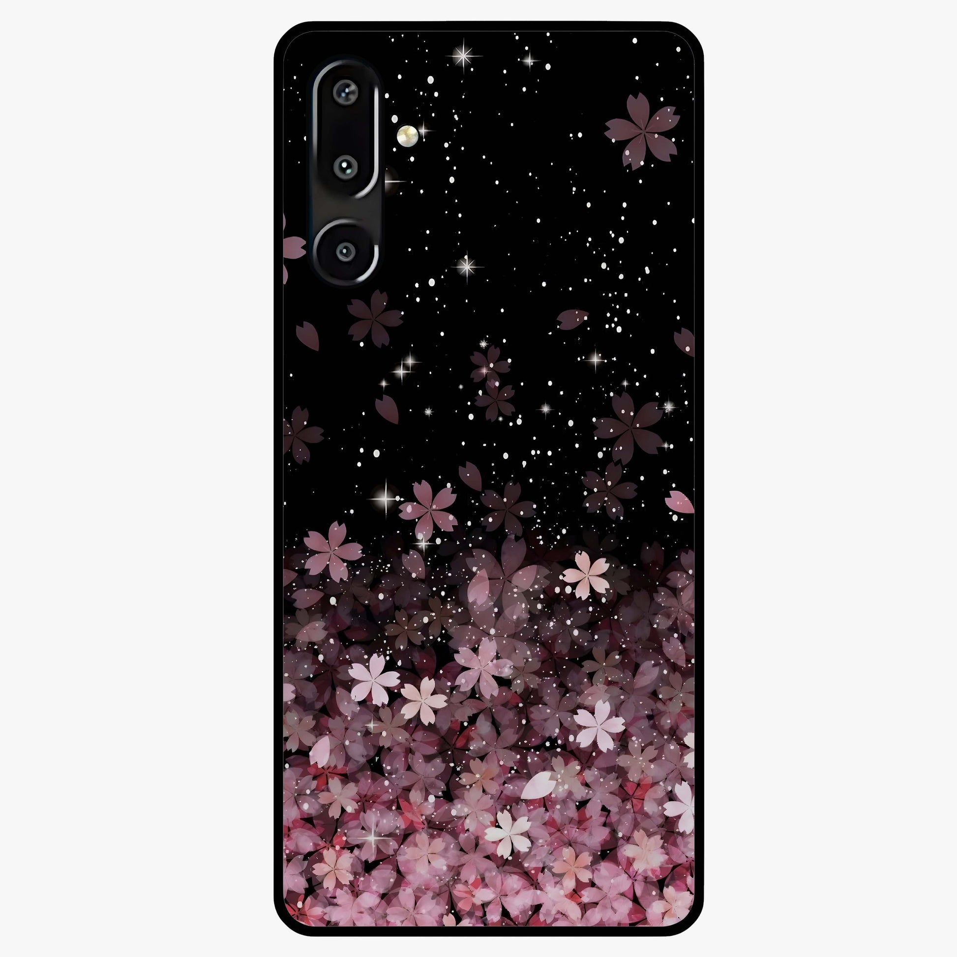 Small Starry Flowers Glass Case showing flat back view with delicate starry floral artwork and glossy glass finish.