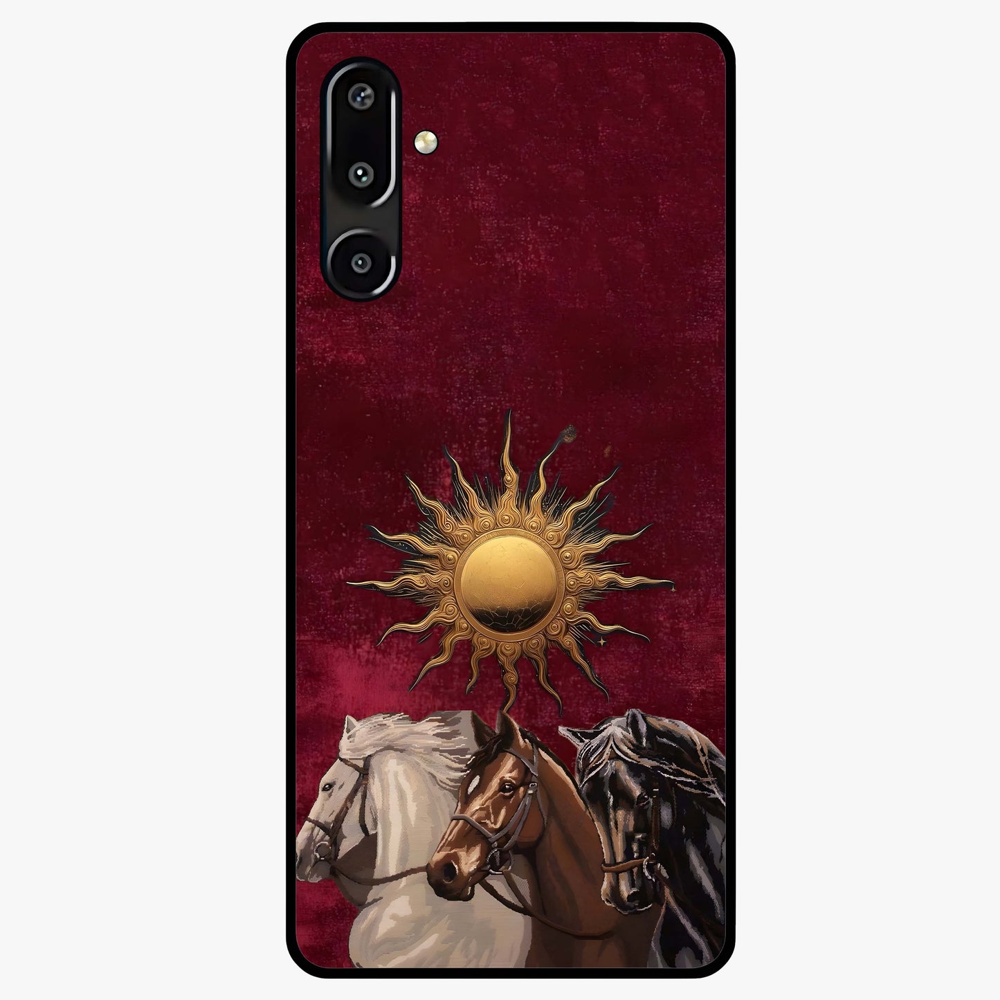 Solar Riders Glass Case showing flat back view with dynamic rider themed artwork and glossy glass finish.