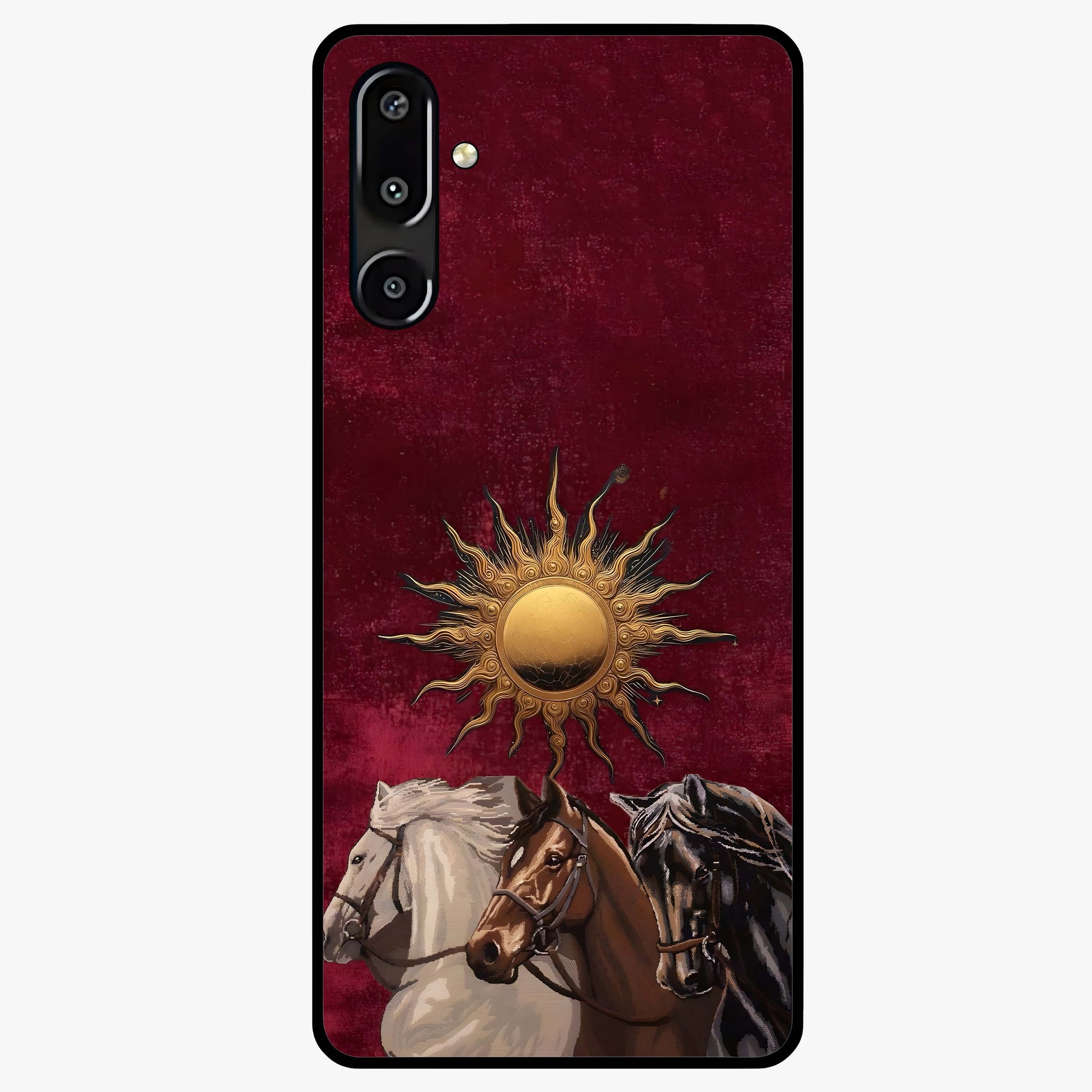 Solar Riders Glass Case showing flat back view with dynamic rider themed artwork and glossy glass finish.