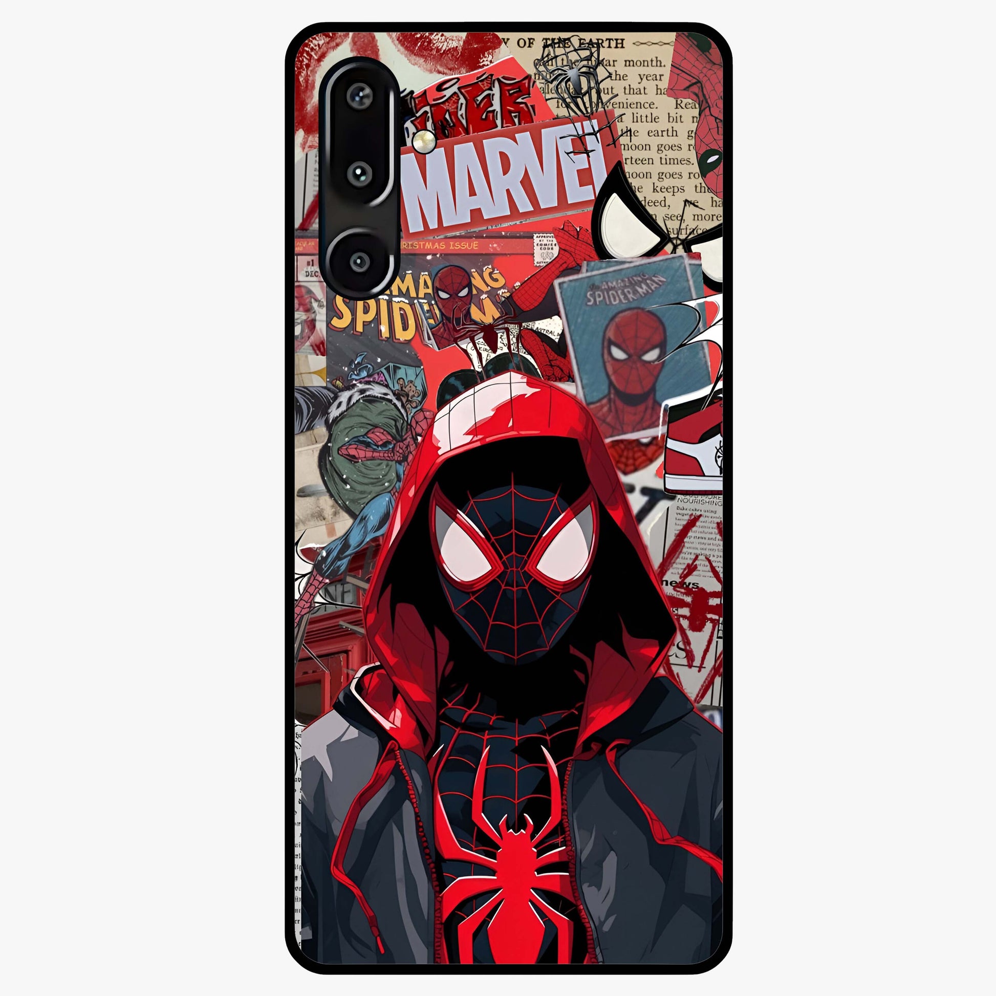 Spider Collage Street Glass Case showing flat back view with vibrant superhero collage artwork and glossy glass finish.