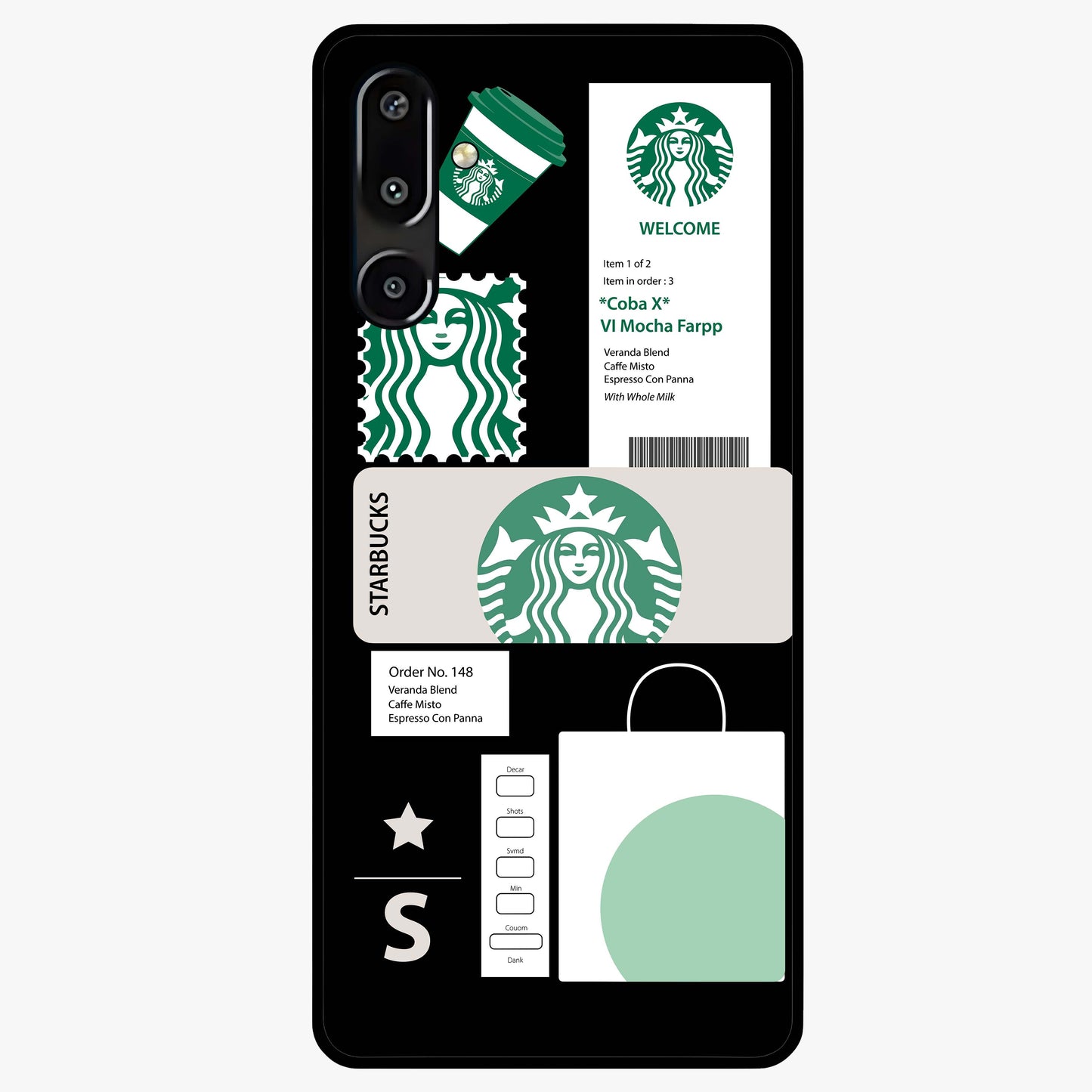 Starbucks Mocha Glass Case showing flat back view with coffee inspired artwork and glossy glass finish.