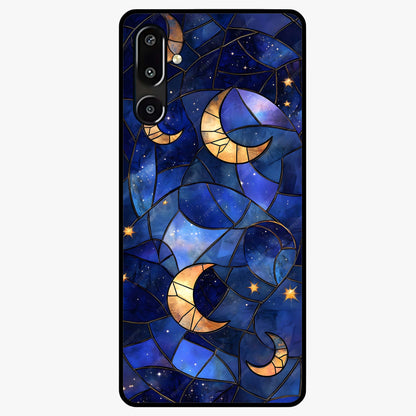 Starlit Sky Tapestry Glass Case showing flat back view with decorative starry sky tapestry artwork and glossy glass finish.