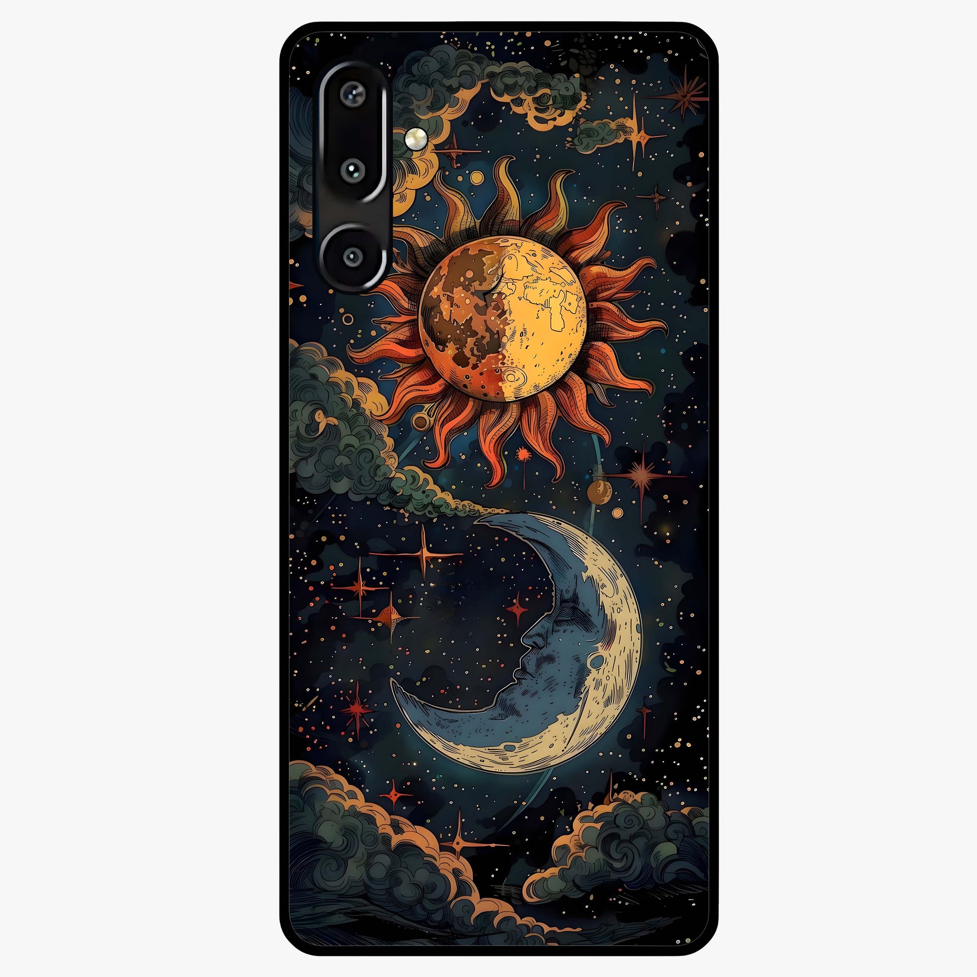 Sun And Moon Magic Design Glass Case showing flat back view with mystical sun and moon artwork and glossy glass finish.