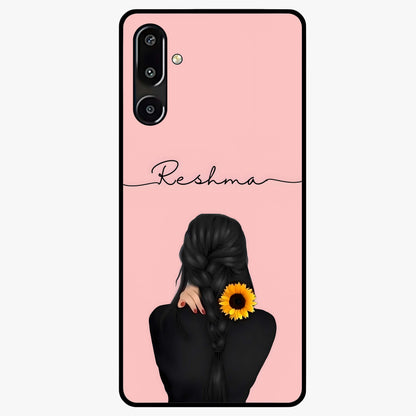 Sunflower Braid Beauty With Custom Name Glass Case showing flat back view with sunflower braid artwork and personalized name design.