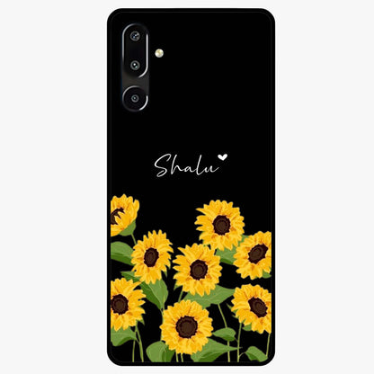 Sunflower Chic Mood Custom Name Glass Case showing flat back view with stylish sunflower artwork and personalized name design.