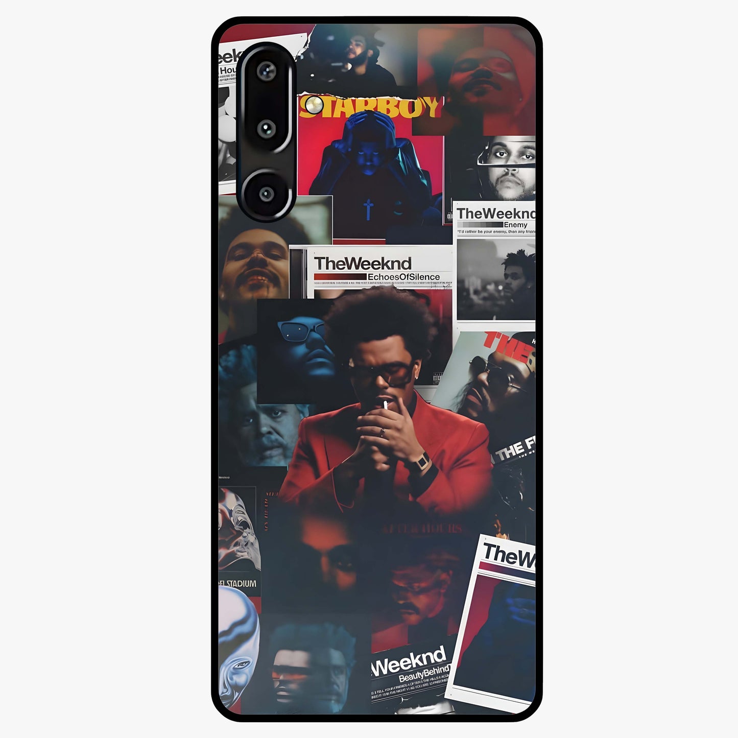 The Weeknd Glass Case showing flat back view with music inspired artistic portrait artwork and glossy glass finish.