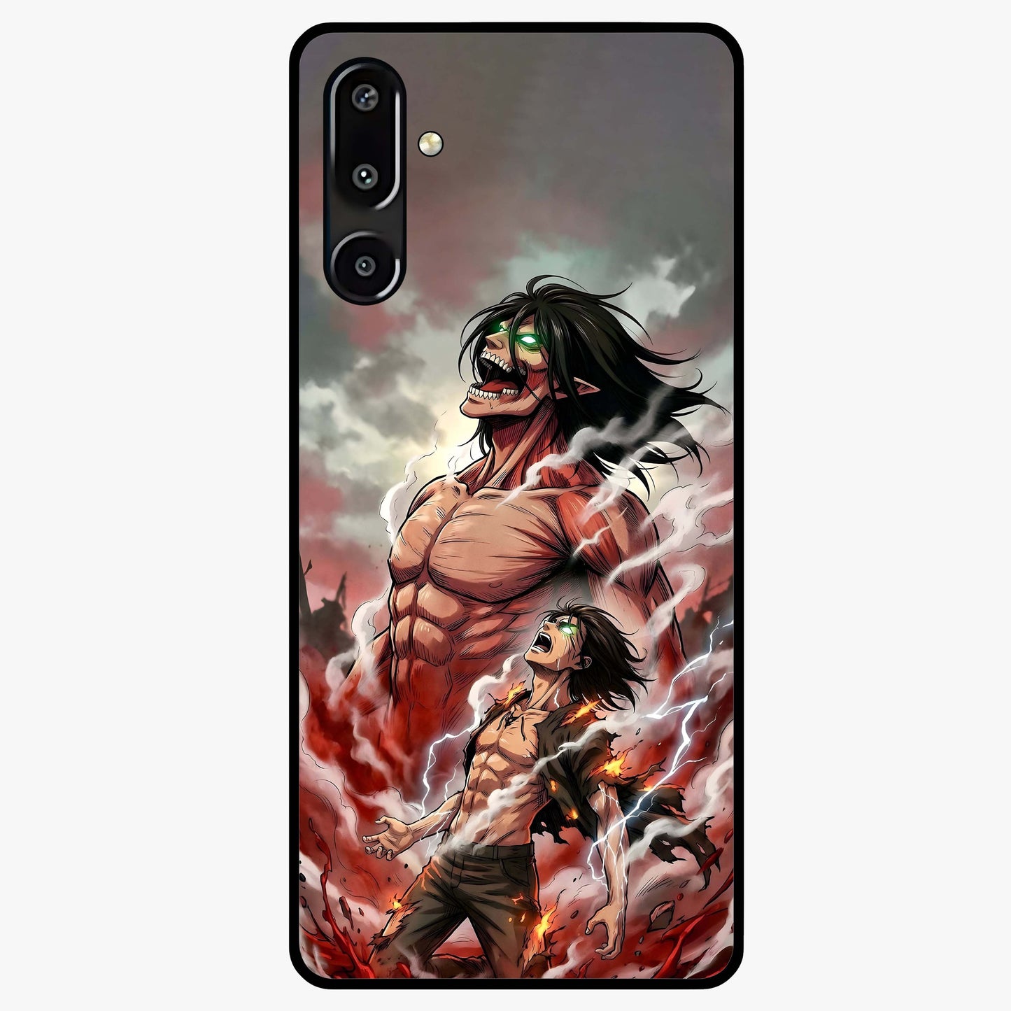 Titan Awakening Fury Glass Case showing flat back view with powerful titan inspired artwork and glossy glass finish.