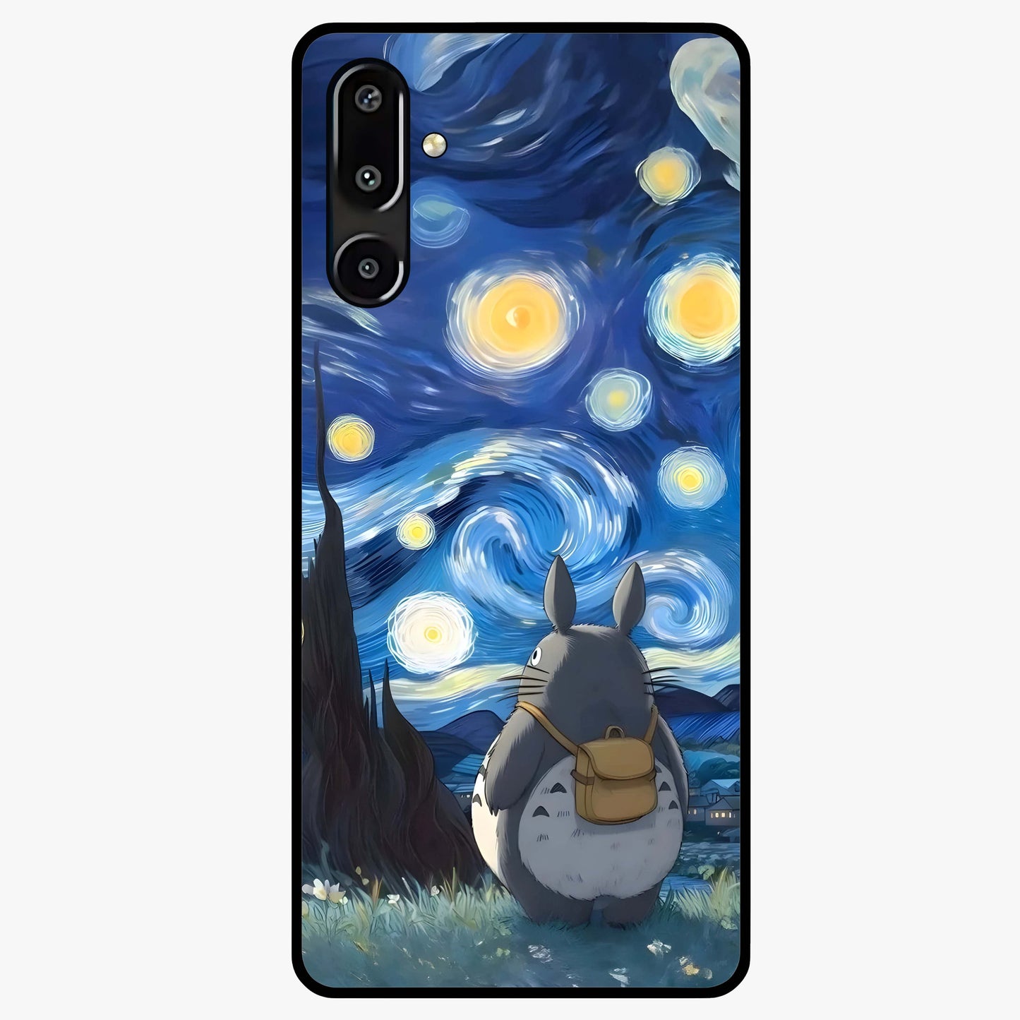 Totoro In Van Gogh Art Glass Case showing flat back view with whimsical character artwork inspired by Van Gogh style and glossy glass finish.