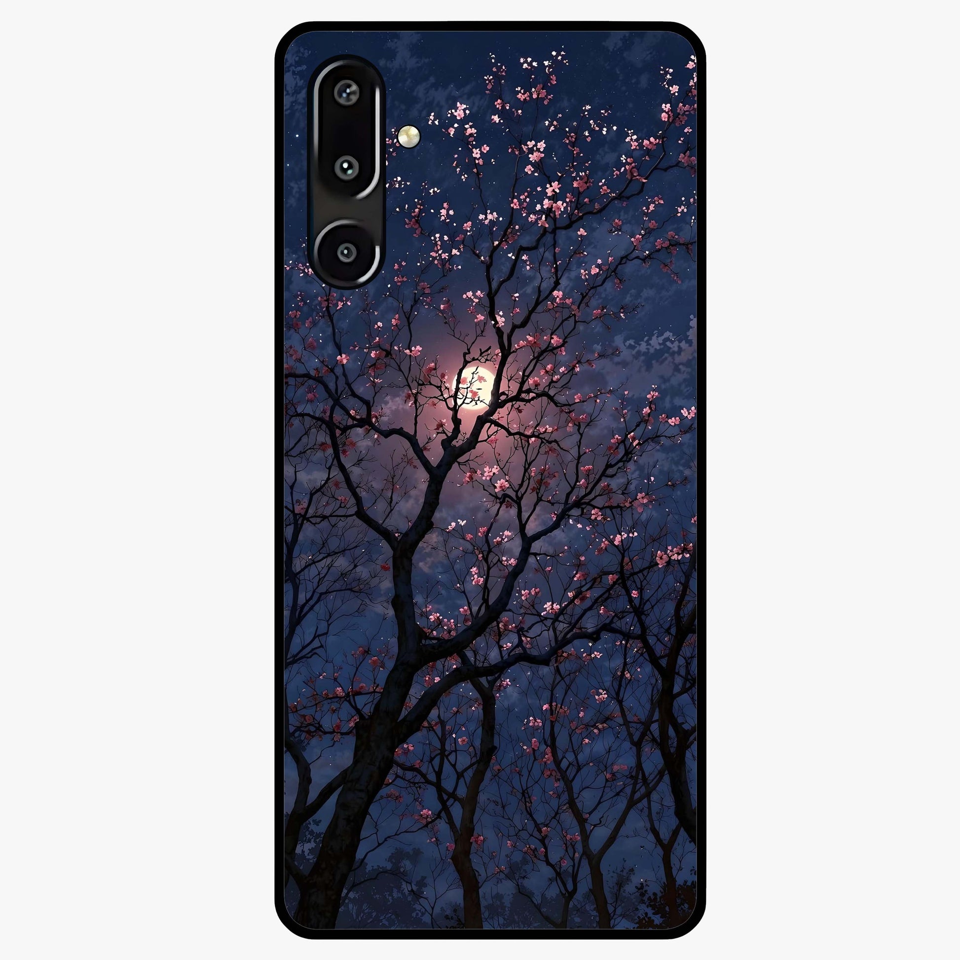 Twilight Sakura Serenade Glass Case showing flat back view with cherry blossom artwork at twilight and glossy glass finish.