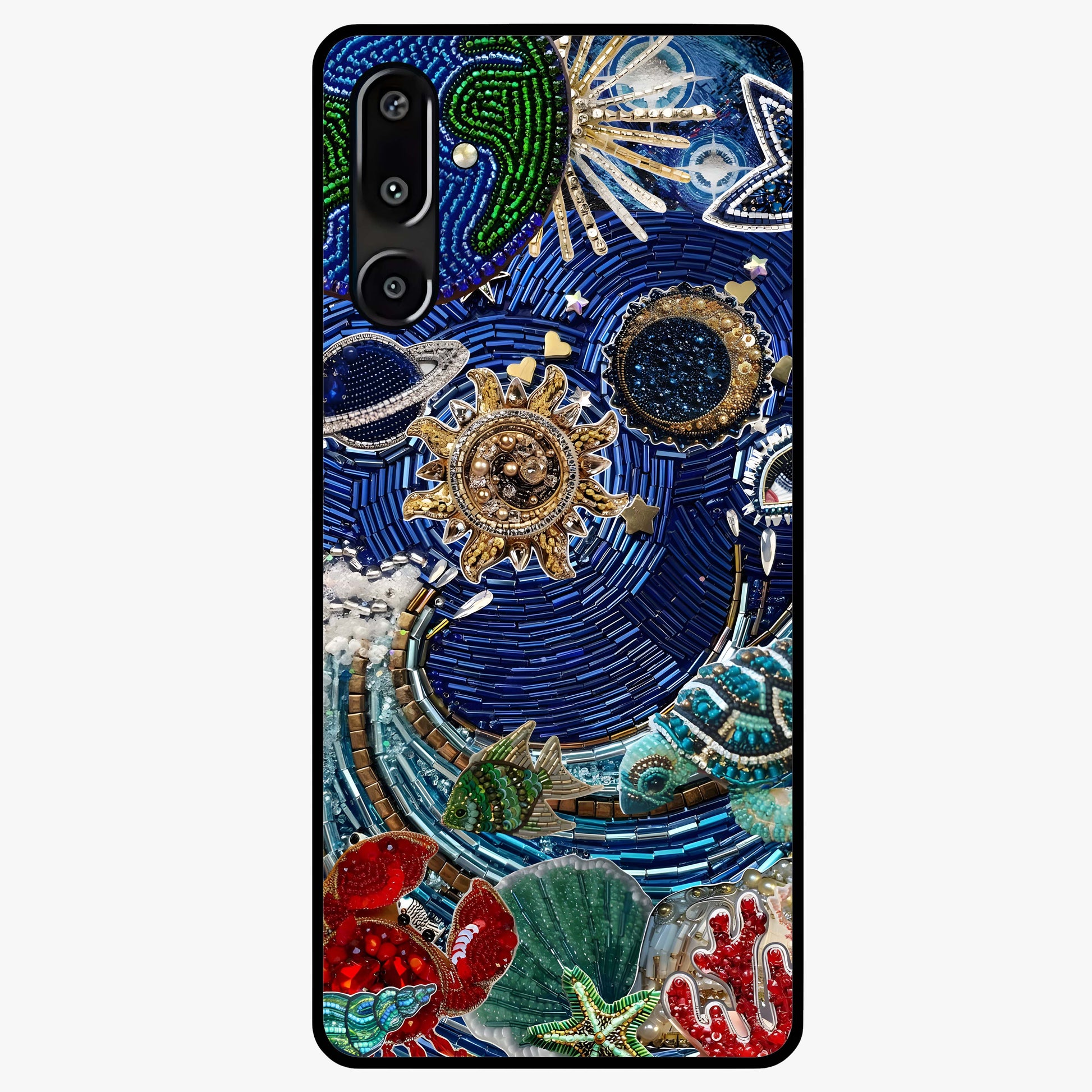 Universe Underwater Spark Glass Case showing flat back view with cosmic underwater themed artwork and glossy glass finish.